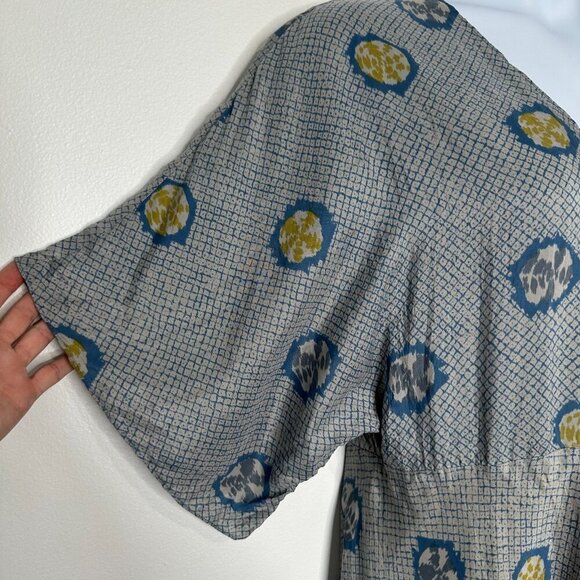 Territory Ahead Wrap Maxi Dress Womens 16 Geometric 100% Silk Gray Blue Yellow - Picture 3 of 9